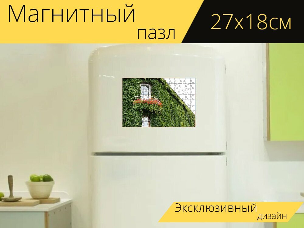 Магнитный пазл "Плющ, фасад, плющ листьев" на холодильник 27 x 18 см.