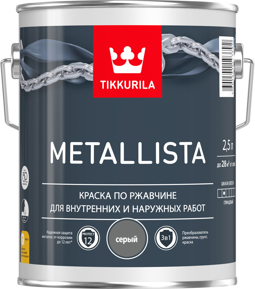 Краска ПО ржавчине 3 в 1 "METALLISTA" серая 2,5 Л (1/6) "тиккурила"