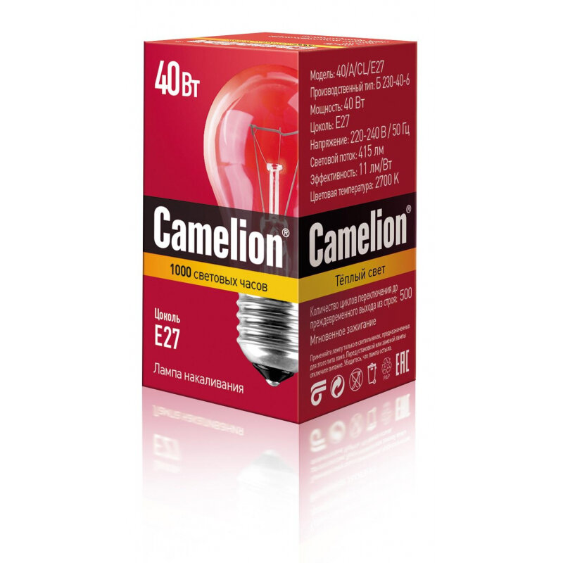 Лампа накаливания Camelion 40/A/CL/E27 40Вт Е27 груша прозрачн. колба (7276), 4 штуки