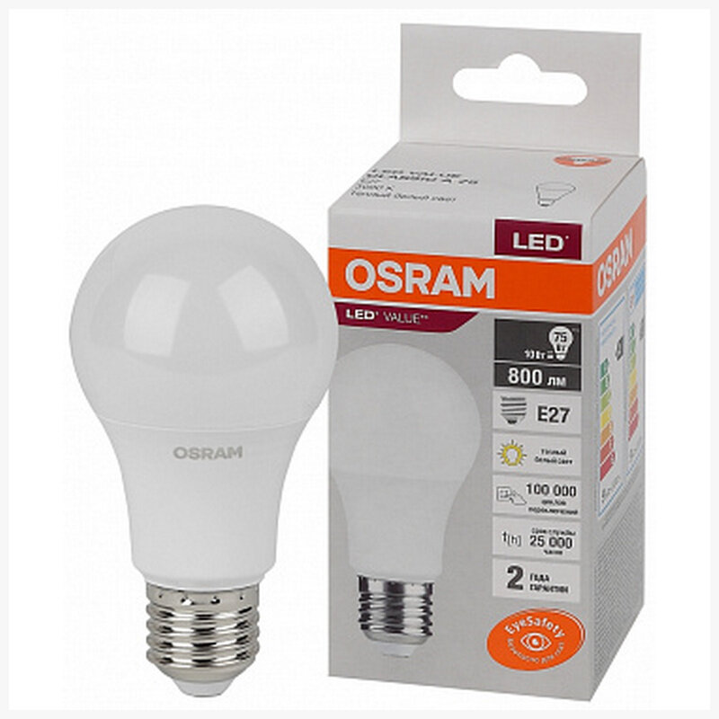 Osram/Ledvance Лампа Osram LV CL A75 10SW 830 220 240V FR E27 800lm 180° 25000h LED, 4058075578821