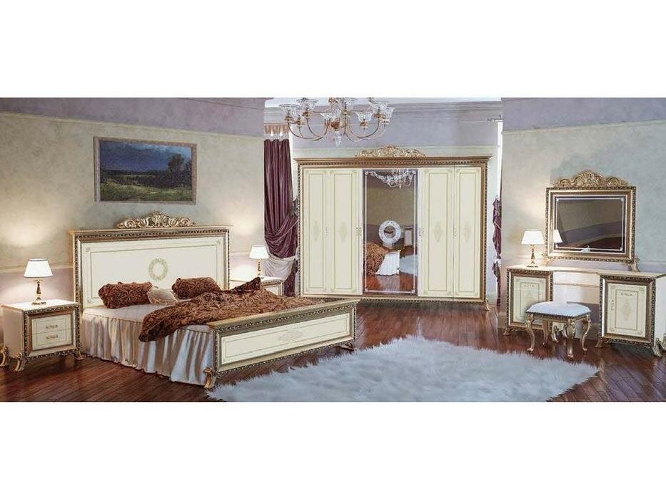 Спальный гарнитур Мэри Версаль слоновая кость (кровать 160х200 шелкография, шкаф 6дв, тумбочки 2шт, кроватное основание, туал. стол, зеркало) - фотография № 1