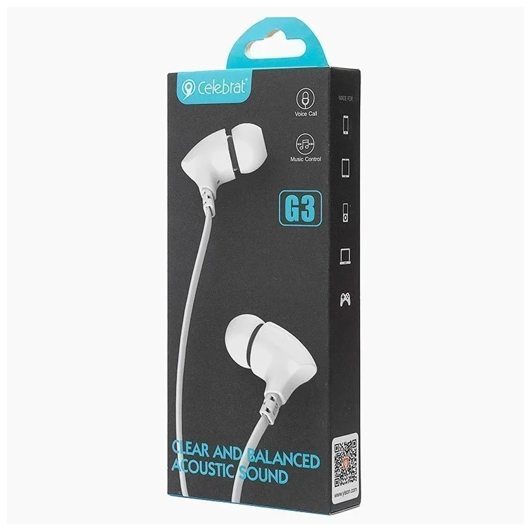Наушники внутриканальные с микрофоном Celebrat G3 , белый 3.5mm Audio Pin, 1,2m