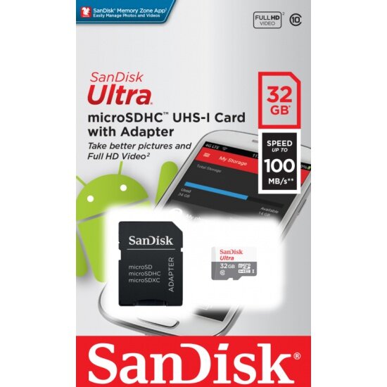 Карта памяти SANDISK micro SDHC 32Gb Ultra Class 10 UHS-I + ADP (100/10 MB/s)