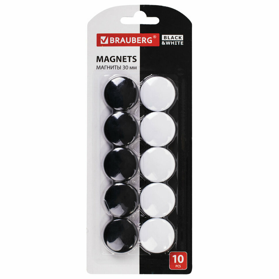 Магниты BRAUBERG "BLACK&WHITE" усиленные 30 мм, набор 10 шт., черные/белые, 237468, 237468