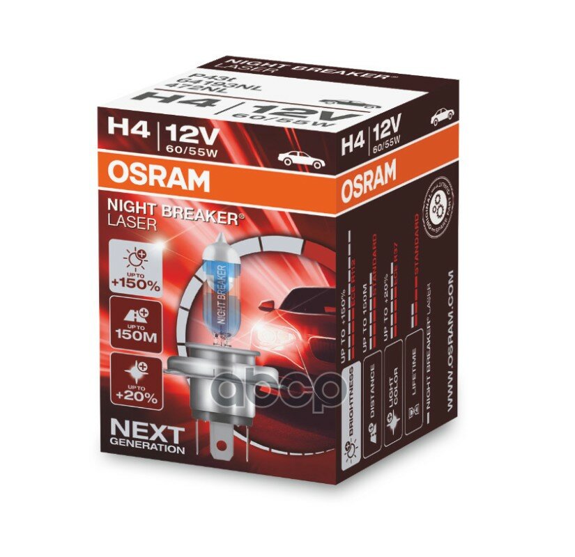  H4 12v 60/55w Nigtt Braker Laser +150% P43t, .1 . Osram . 64193NL