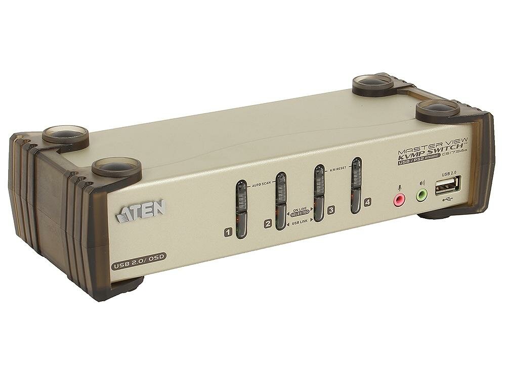 Переключатель ATEN KVM Switch CS1734B-A7-G 4 cpu PS2/USB+VGA со шнурами USB 2х1.2м.+2х1.8м. 2048x1536 настол. исп.спец.шнуры OSD некаскад.