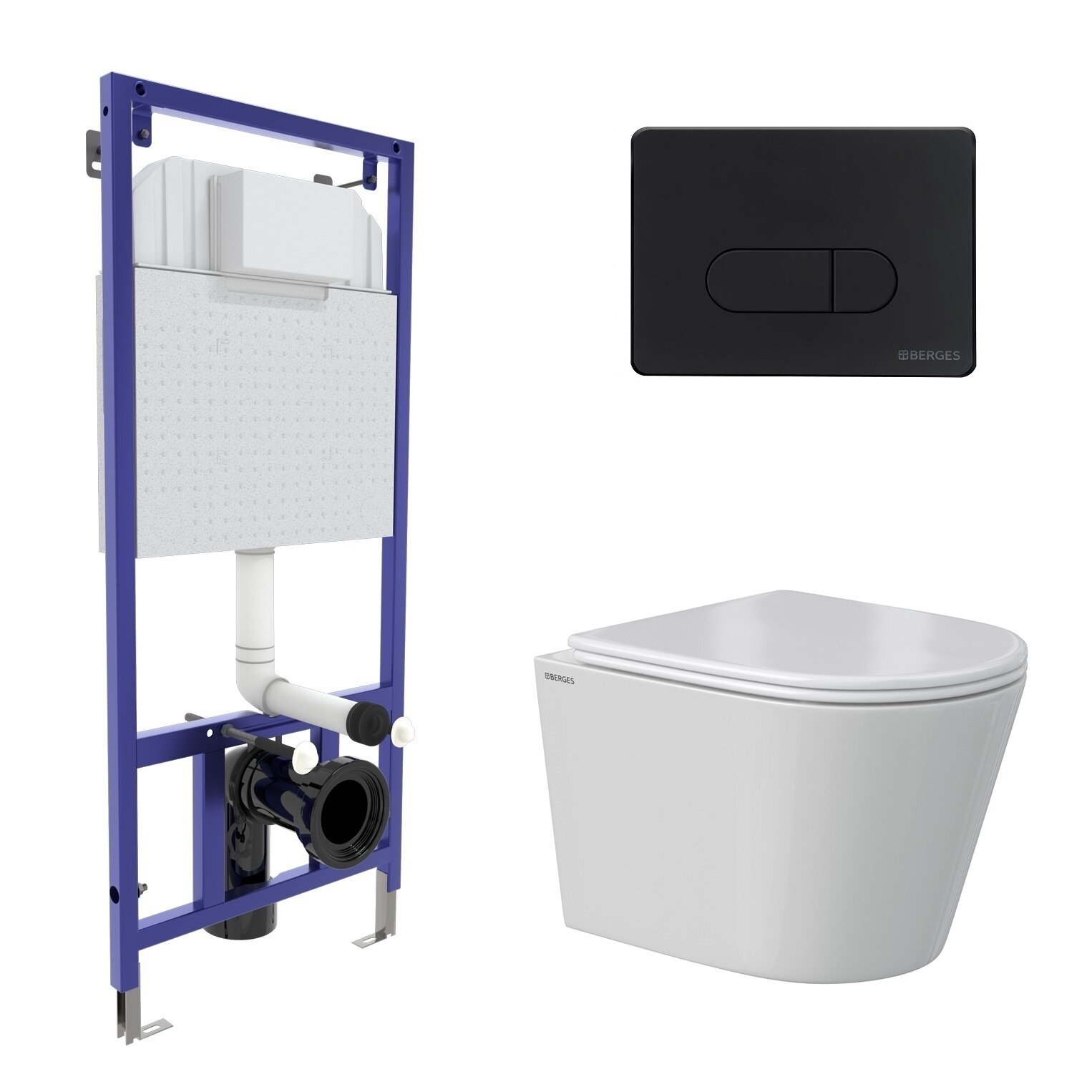 фото Комплект BERGES: инсталляция NOVUM кнопка D5 Soft Touch черная, унитаз VITA Rimless 49 см, сиденье дюропласт микролифт, быстросъём
