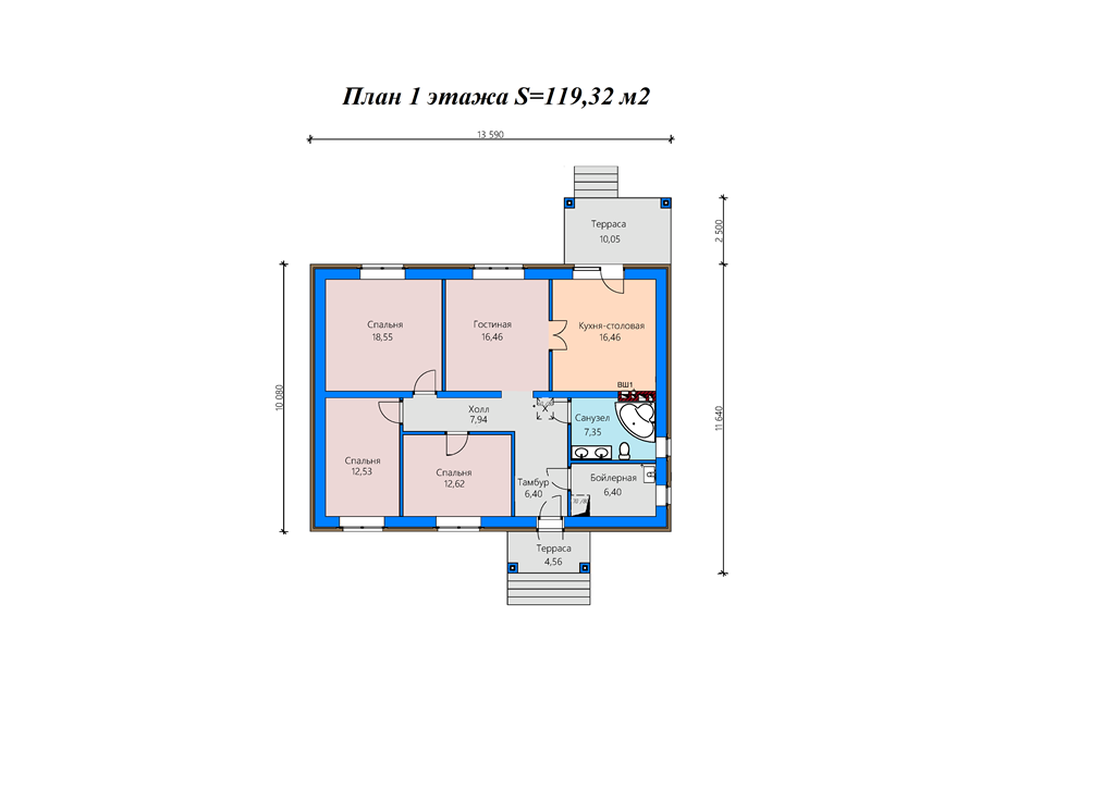 Проект жилого дома SD-proekt 11-0054 (119,32 м2, 13,59*10,08 м, газобетонный блок 400 мм, облицовочный кирпич) - фотография № 5