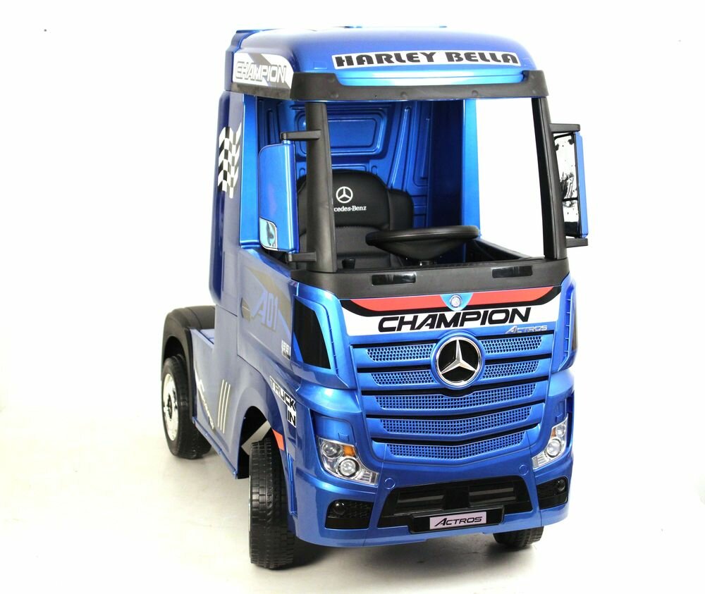 Детский электромобиль фура Mercedes-Benz Actros HL358 синий глянец (RiverToys), с крышей, пультом, полный привод