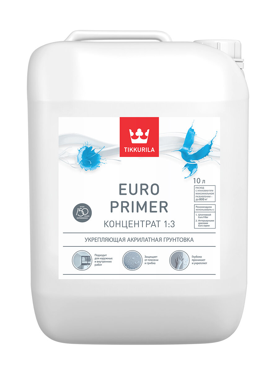 Tikkurila Euro Primer, укрепляющая грунтовка глубокого проникновения с добавками против грибков и плесени. Концентрат 1:3, 10 л