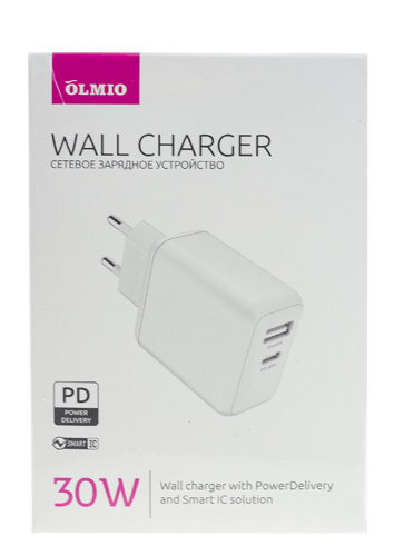 СЗУ Olmio USB, Type-C 30W, 6A, Power Delivery, Smart IC, белое