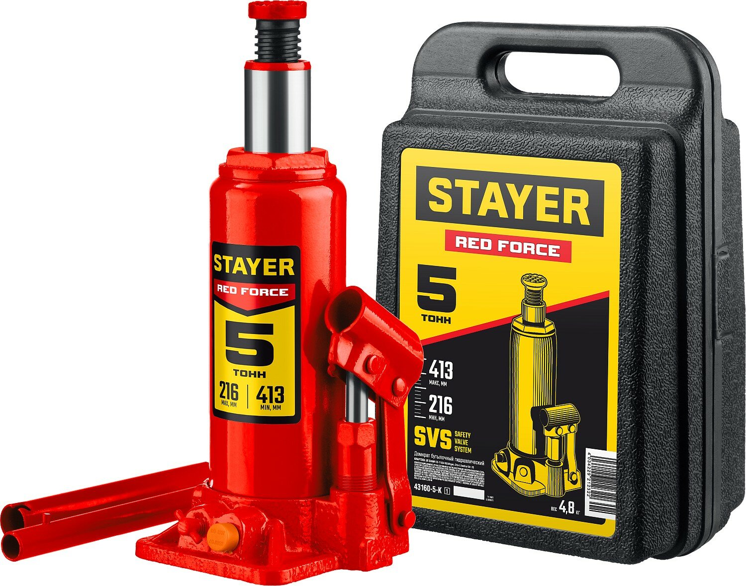 STAYER RED FORCE в кейсе 5 т 216 - 413 мм бутылочный гидравлический домкрат Professional (43160-5-K)