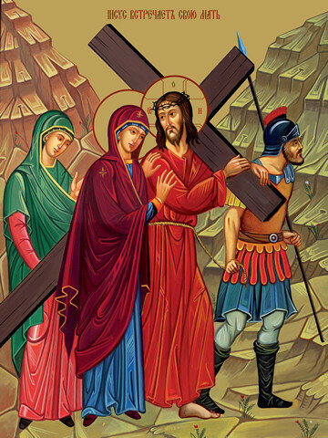 Икона на дереве ручной работы - Крестный путь – Иисус встречает свою мать по дороге на Голгофу, 15x20x3,0 см, арт Ид4773 - фотография № 1