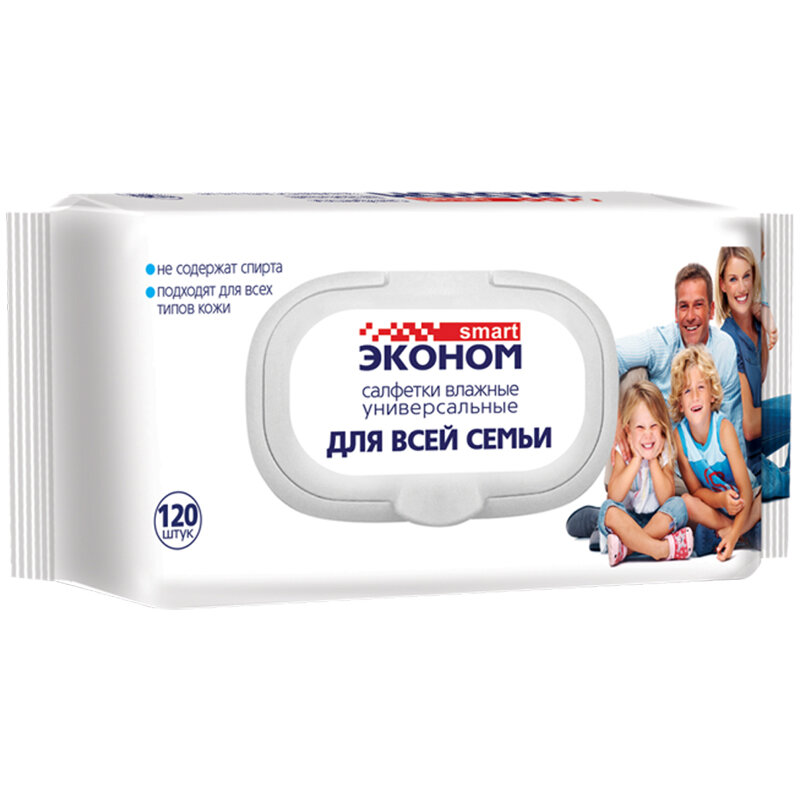 Салфетки влажные Эконом Smart, 120шт., для всей семьи, с пластиковым клапаном, 2 штуки