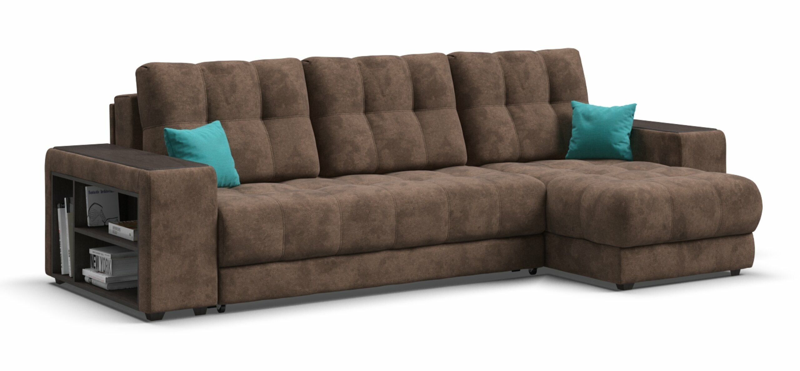 Угловой диван-кровать BOSS XL SE, с ящиком для хранения и полками, еврокнижка, велюр Alkantara шоколад, 285х156х96 см