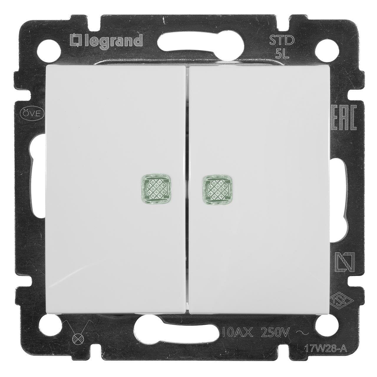 Legrand Переключатель двухклавишный на 2 направления Legrand Valena 10A 250V с подсветкой белый 774212