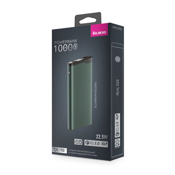 Портативное зарядное устройство Olmio QL-10 10000mAh, 22,5W, QC 3.0, PowerDelivery, серый