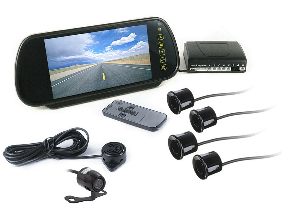 Комплект парктроников MasterPark 608-4-PZ с камерой четырьмя датчиками и цветным монитором в зеркале 7 дюймов