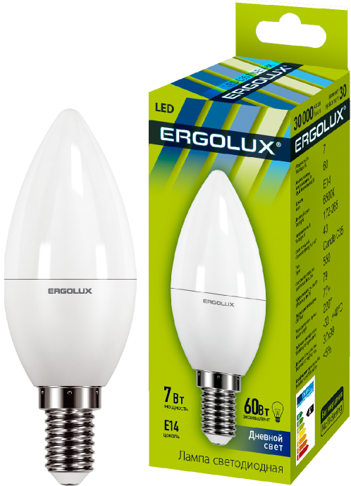 Эл.лампа светодиодная Свеча LED-С35-7W-E14-6K (7Вт=60Вт 550Lm E14 6500K 172-265В) Ergolux - фотография № 1