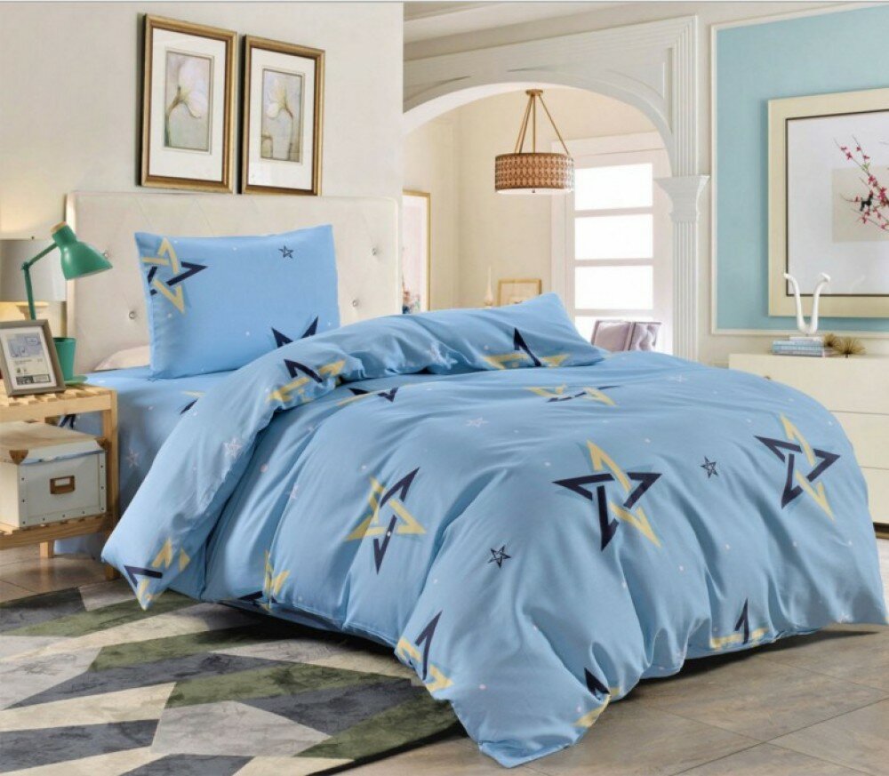 Подростковое сатиновое постельное белье двустороннее голубое с звездами