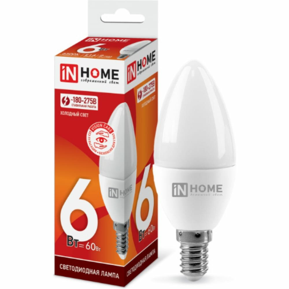 Светодиодная лампа IN HOME LED-СВЕЧА-VC 6Вт, 230В, Е14, 6500К, 540Лм 4690612030333