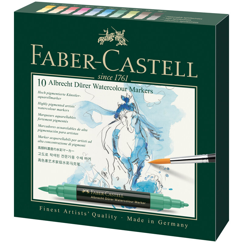 Набор акварельных пигм. маркеров Faber-Castell "Albrecht D?rer" 10цв., двухстор., кистев./пулевид.