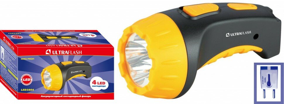 Фонарь LED3804 Чёрн/жел, 4LED, SLA,пластик, аккум., подзар. 220V Ultraflash