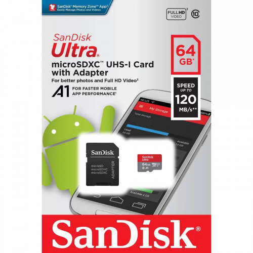 Карта памяти SANDISK micro SDXC 64Gb Ultra Class 10 UHS-I A1 + ADP (120/10 MB/s)