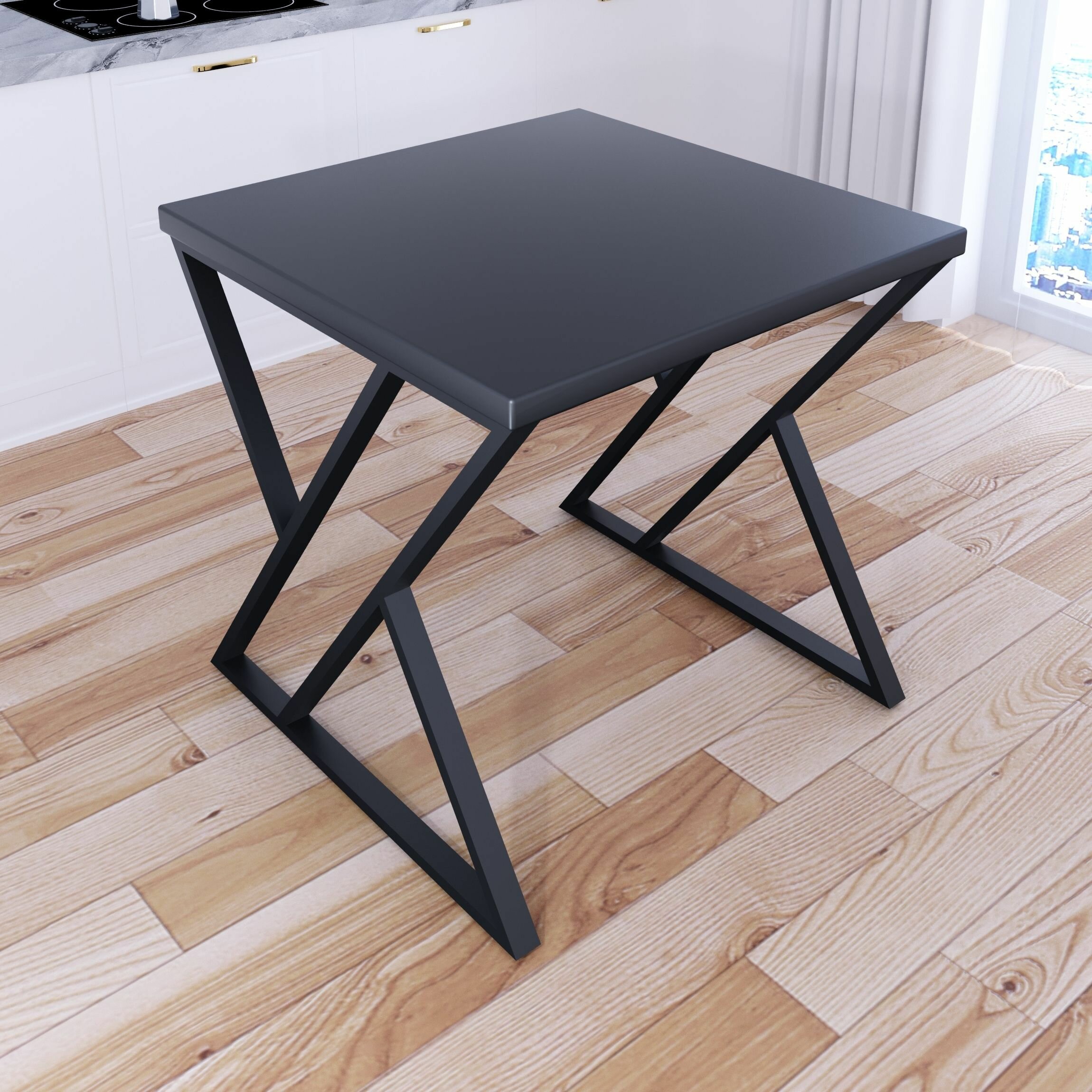 Стол кухонный Loft с квадратной столешницей цвета антрацит из массива сосны 40 мм и черными металлическими Z-образными ножками, 70x70х75 см - фотография № 2