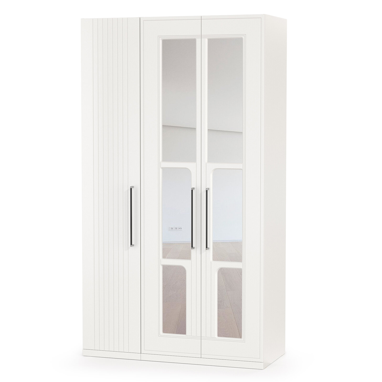Шкаф для одежды 3-х створчатый с зеркалами Валенсия, цвет белый шагрень, ШхГхВ 126х54,2х225,3 см, универсальная сборка