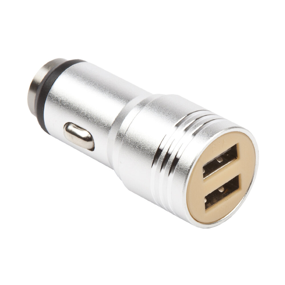 фото Автомобильная зарядка металлическая с кабелем для Apple 8 pin + 2 USB выхода 2.1A серебристая, блистер
