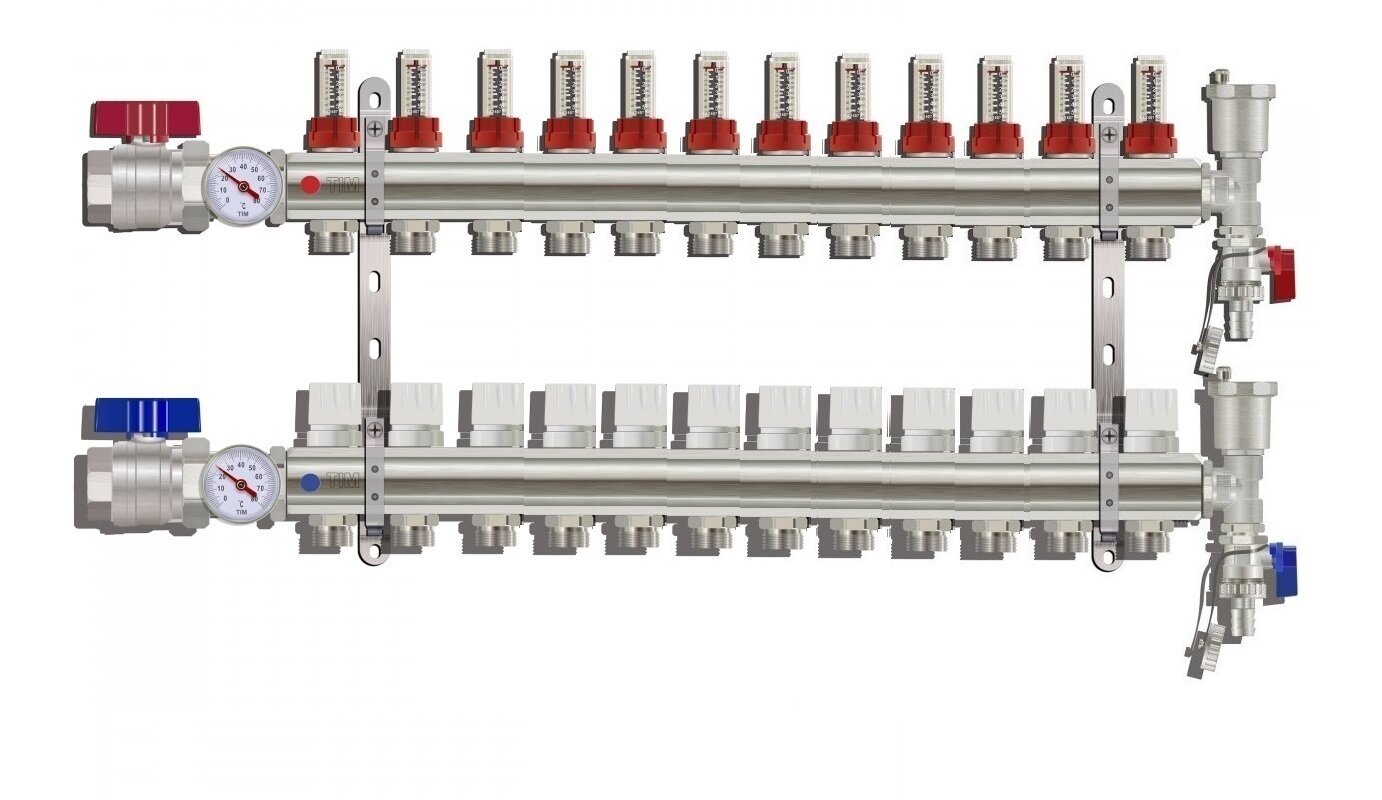 Коллектор для тёплого пола с расходомерами Tim на 12 выходов из латуни (Коллектор для тёплого пола с расходомерами)