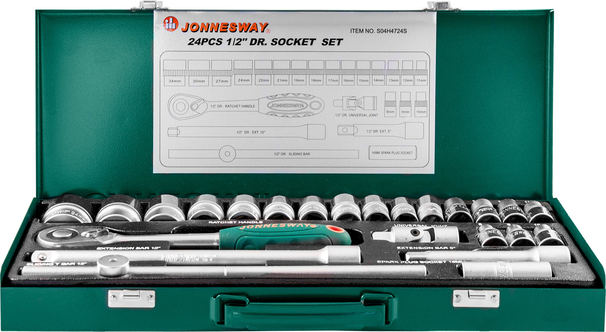 Набор головок торцевых 1/2""dr, 8-34 мм., с аксессуарами, 24 предмета Jonnesway S04H4724S