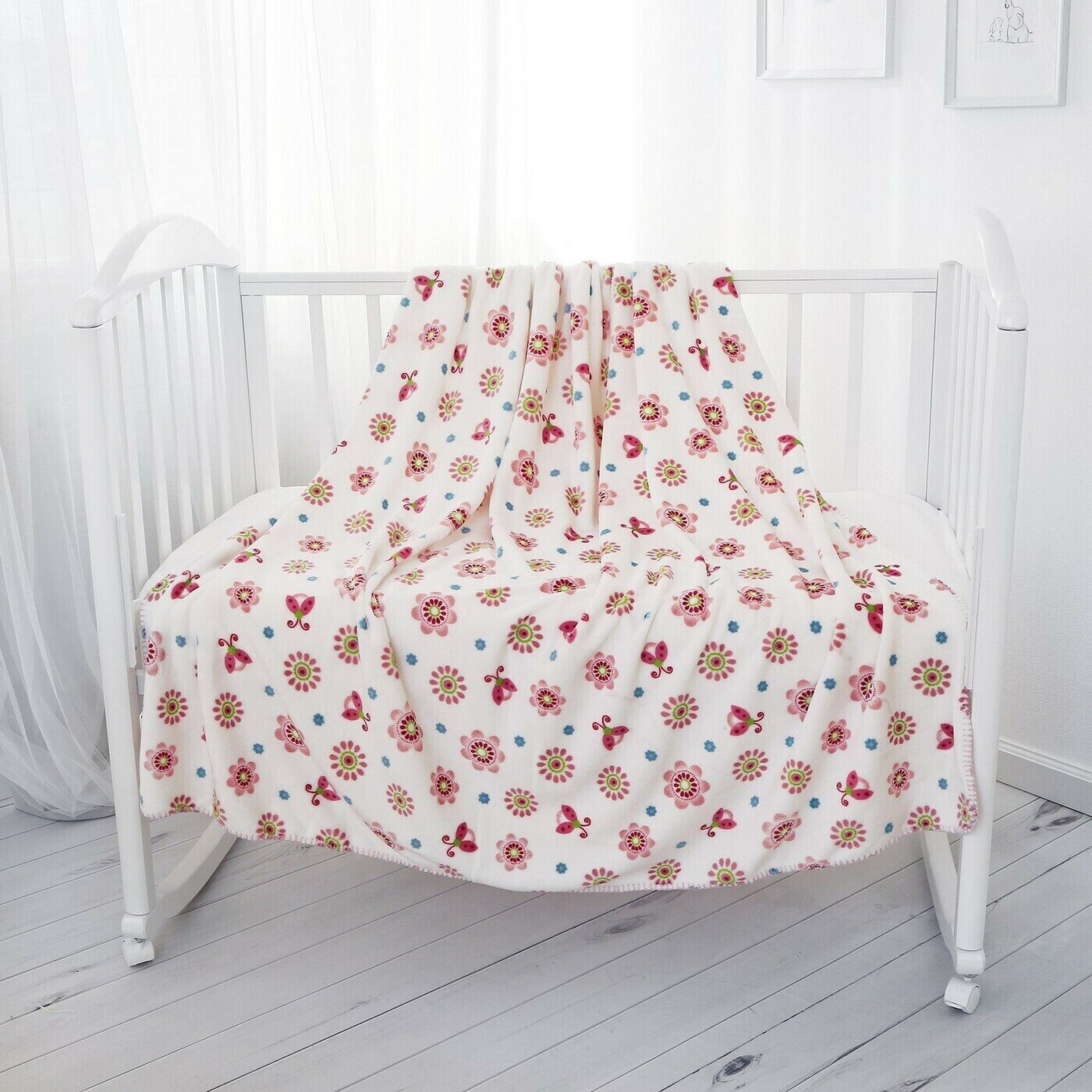 фото Плед детский для новорожденных 100х140 "Цветы", плед плюшевый в коляску, в кроватку, на выписку/покрывало на кровать