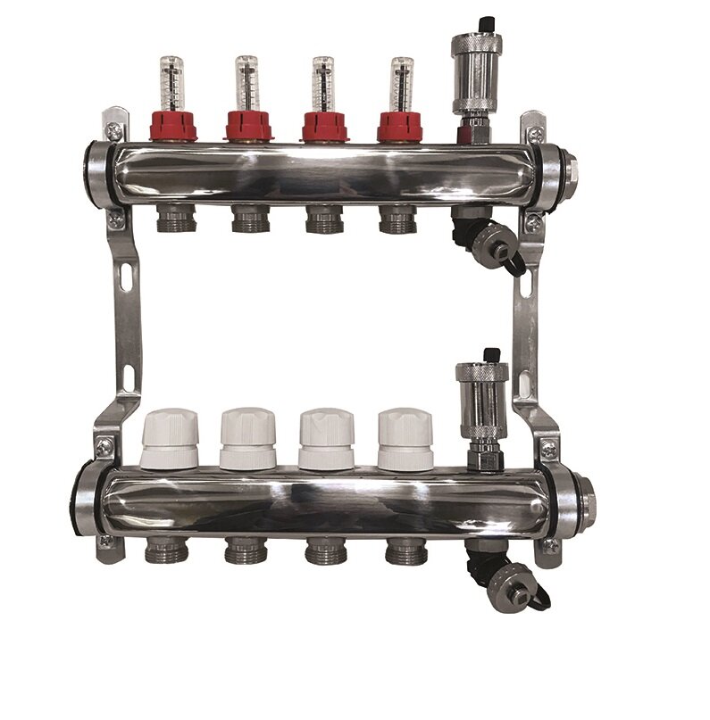 фото Коллекторная группа с расходомерами, сливным краном и автомат. возд-ком, нерж. сталь 1"х2х3/4"