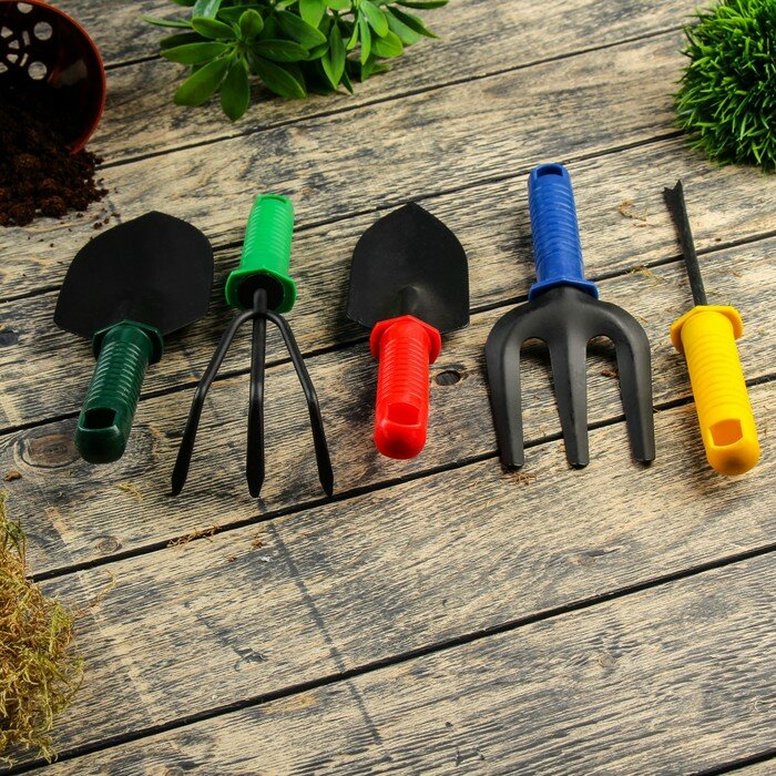 Greengo Набор садового инструмента, 5 предметов: 2 совка, рыхлитель, вилка, корнеудалитель, длина 27 см, пластиковые ручки, цвет микс - фотография № 2