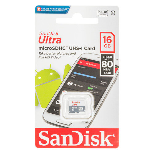 Карта памяти microSDHC UHS-I Sandisk Ultra 80 16 ГБ, 80 МБ/с, 533X, Class 10, SDSQUNS-016G-GN3MN, 1 шт.