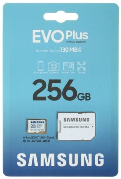 Карта памяти microSDXC Samsung 256Gb Evo Plus 130Mb/s U3 A2 V30 4k MB-MC256KA/EU, 1шт.