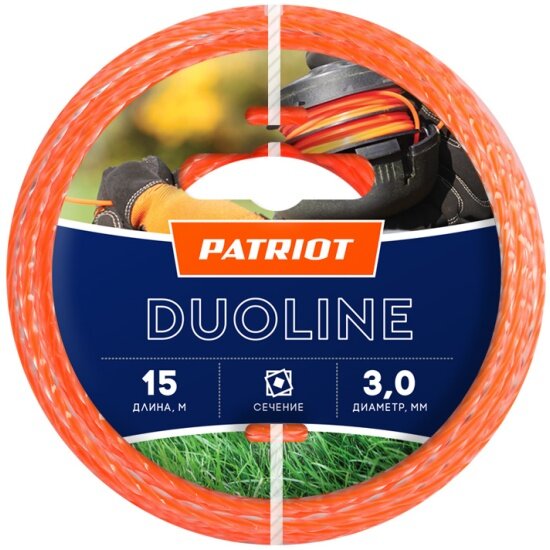 Леска для триммера Patriot Duoline D 3,0 мм L 15 м (скрученный квадрат, двухцветная, красная жила) 300-15-6