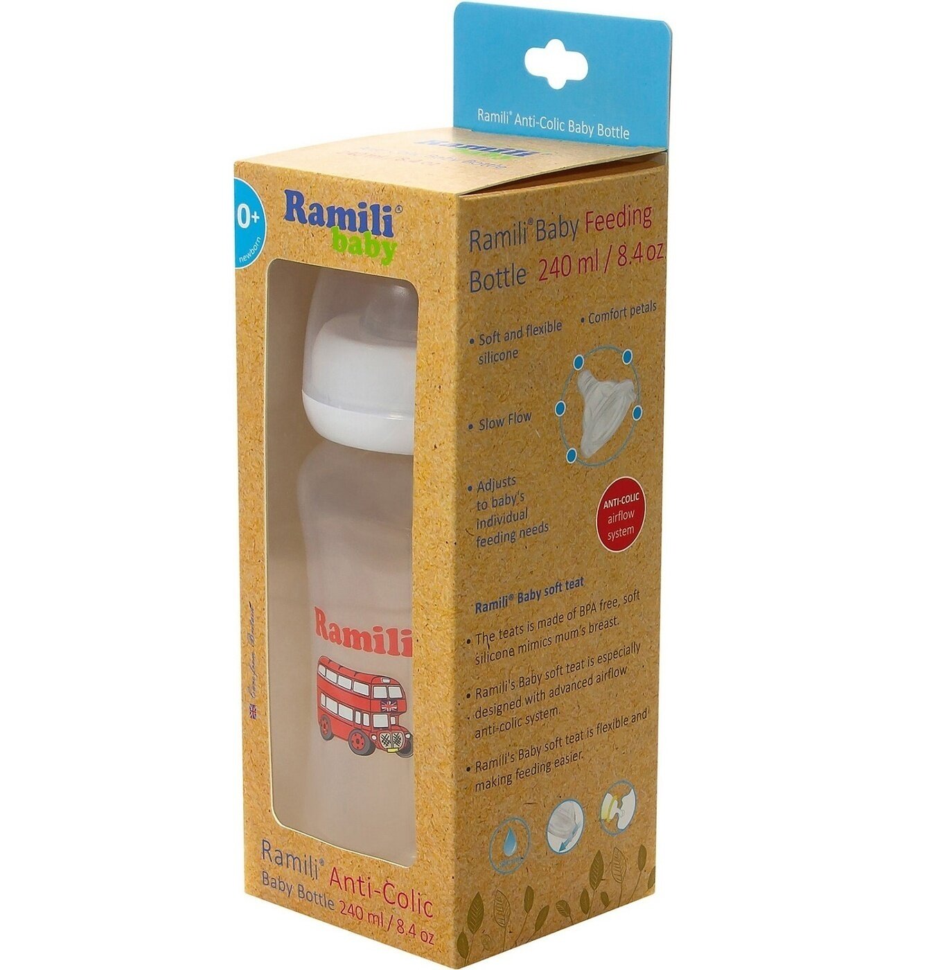 Бутылочка для кормления противоколиковая Ramili Baby 240 мл. 0+, слабый поток