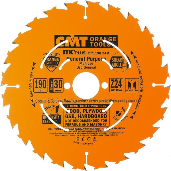 Круг пильный твердосплавный CMT 271.190.24M 190X30(+20+16)X1.7/1.1 20° 10° ATB + 8° SHEAR Z=24