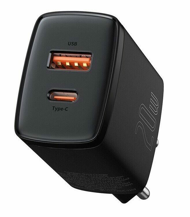 Зарядное устройство BASEUS Compact Quick Charger USB+Type-C, 3A, 20W, черный (ccxj-b01)