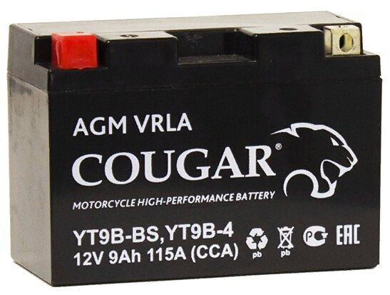 Аккумулятор для мотоцикла и скутера Cougar AGM VRLA 12V 9 А/ч 115 А прям. пол. залит/заряжен YT9B-BS YT9B-4 (150х70х105)