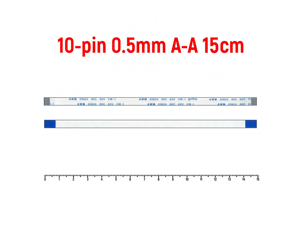 Шлейф FFC 10-pin Шаг 0.5mm Длина 15cm Прямой A-A AWM 20624 80C 60V VW-1