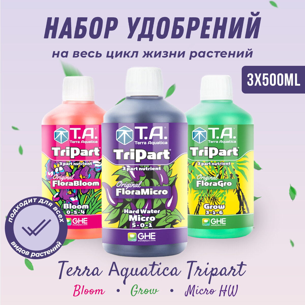 Набор удобрений Terra Aquatica (GHE) TriPart Bloom + Grow + Micro HW, 3 х 0.5л - фотография № 1