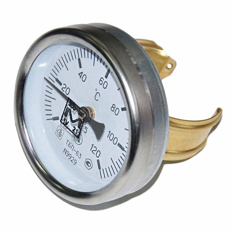 Термометр биметаллический 0-120 *C (d-63мм на трубу d-30-50мм фиксация скобой)