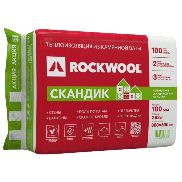 Теплоизоляция rockwool лайт баттс скандик 800х600х100мм