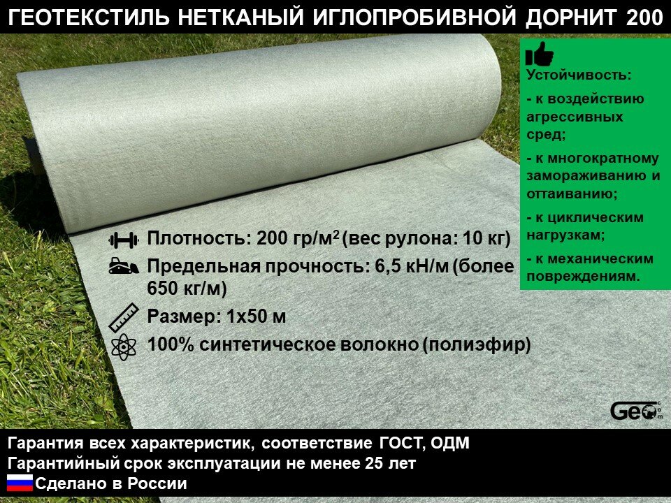 Геотекстиль нетканый иглопробивной Дорнит 200 1х50 м - фотография № 1