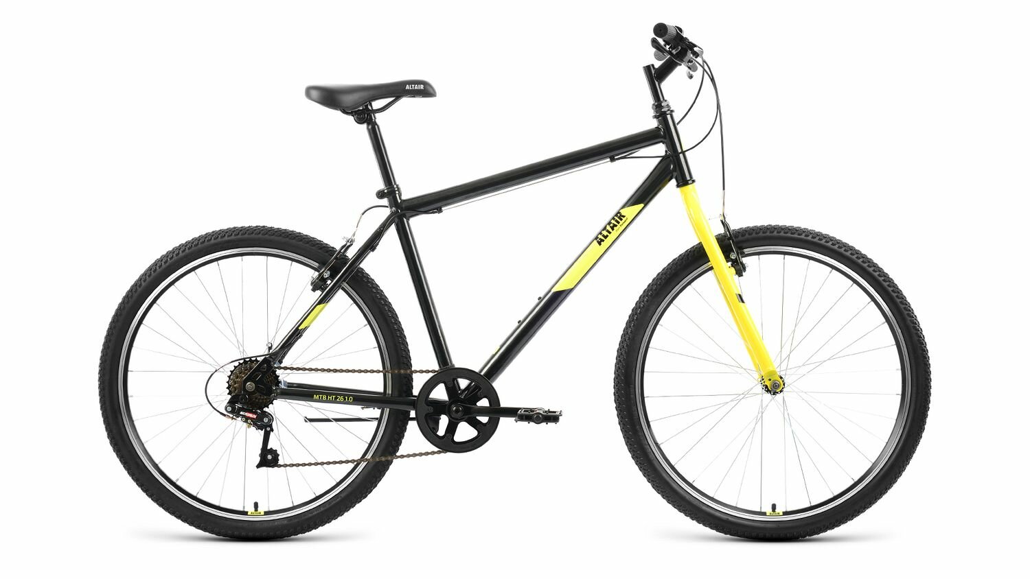 Велосипед ALTAIR MTB HT 1.0 26" (2022) (Велосипед ALTAIR MTB HT 26 1.0 (26" 7 ск. рост. 19") 2022, черный/желтый, RBK22AL26104)