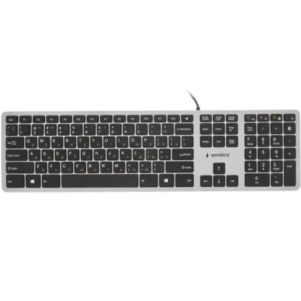 Клавиатура Gembird серая, USB, 109 кл., м/медиа, ножничный механизм, бесшумная, каб. 1.5м - фото №1